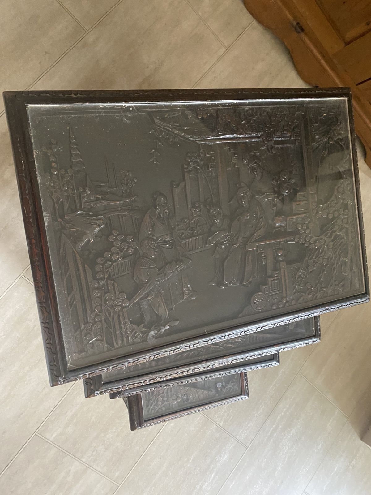 Oriental Carved Dark Wood Nest Of Tables photo Furniture