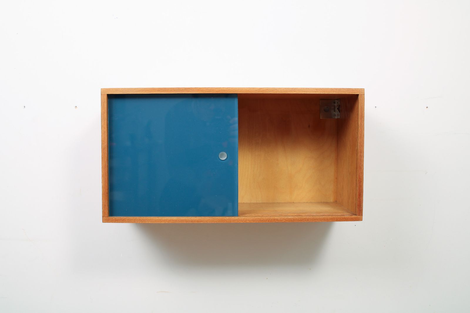 photo furniture A Vintage Mid Century Wall Hung Oak Cabinet, Blue & White Sliding Glass Doors