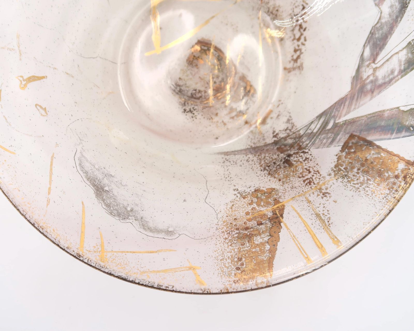 French Art Glass Dish Bowl With Gold And Silver Abstract Decor By Jean Paul Van Lith, Biot 1980s / Minimalist Ring Dish photo vinterior