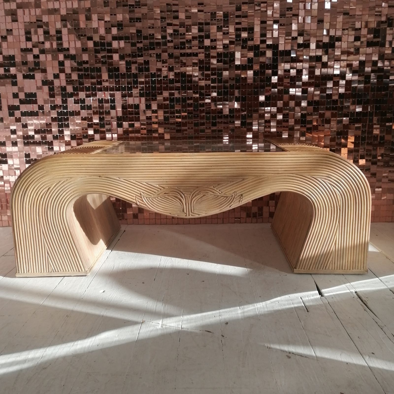 Gorgeous Vintage Large Waterfall Pencil Reed / Cane Coffee Table With Inset Glass Top. USA, C1980s. photo vintage