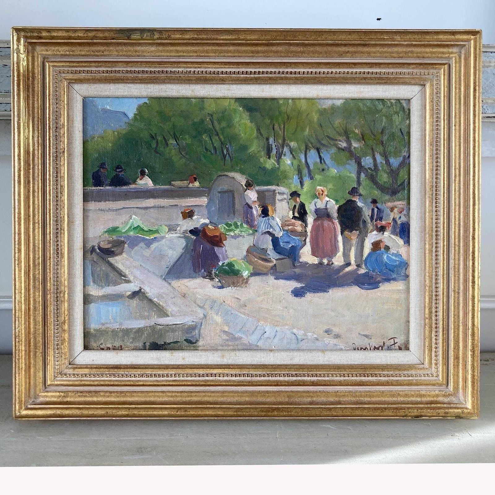 Sunlit Town Square Antique Original Oil On Canvas Impressionist Painting In A Southern European Setting photo furniture