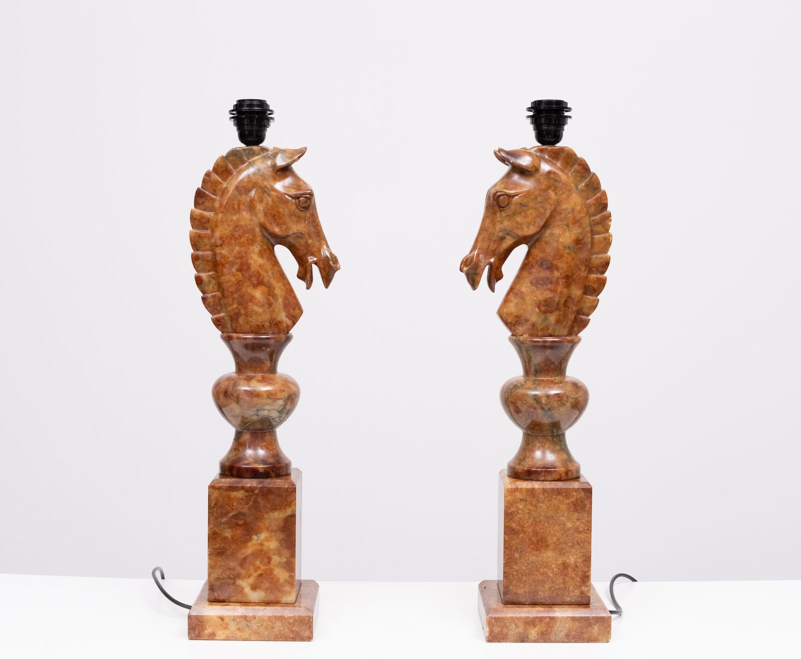 Large Horse Head Chess Knights Carved Alabaster Lamps Italy 1960s photo Lighting