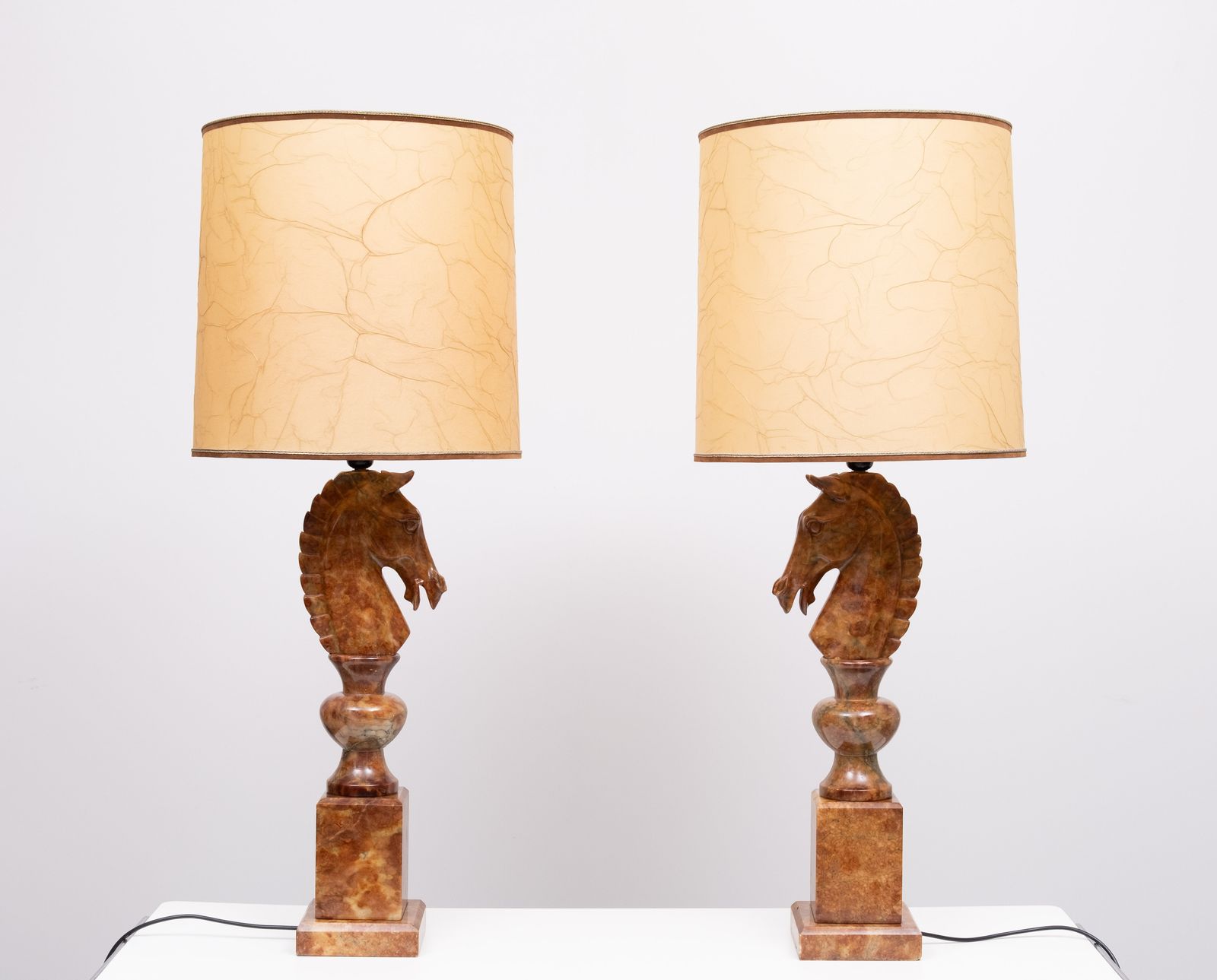 Large Horse Head Chess Knights Carved Alabaster Lamps Italy 1960s