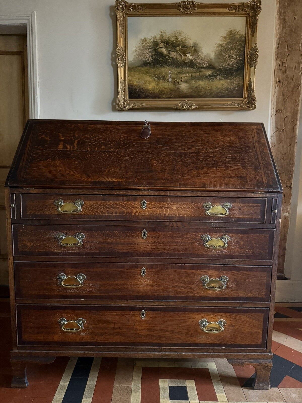 English Georgian Antique  Oak Bureau Writing Desk Chest Of Drawers Desk 1700's photo furniture