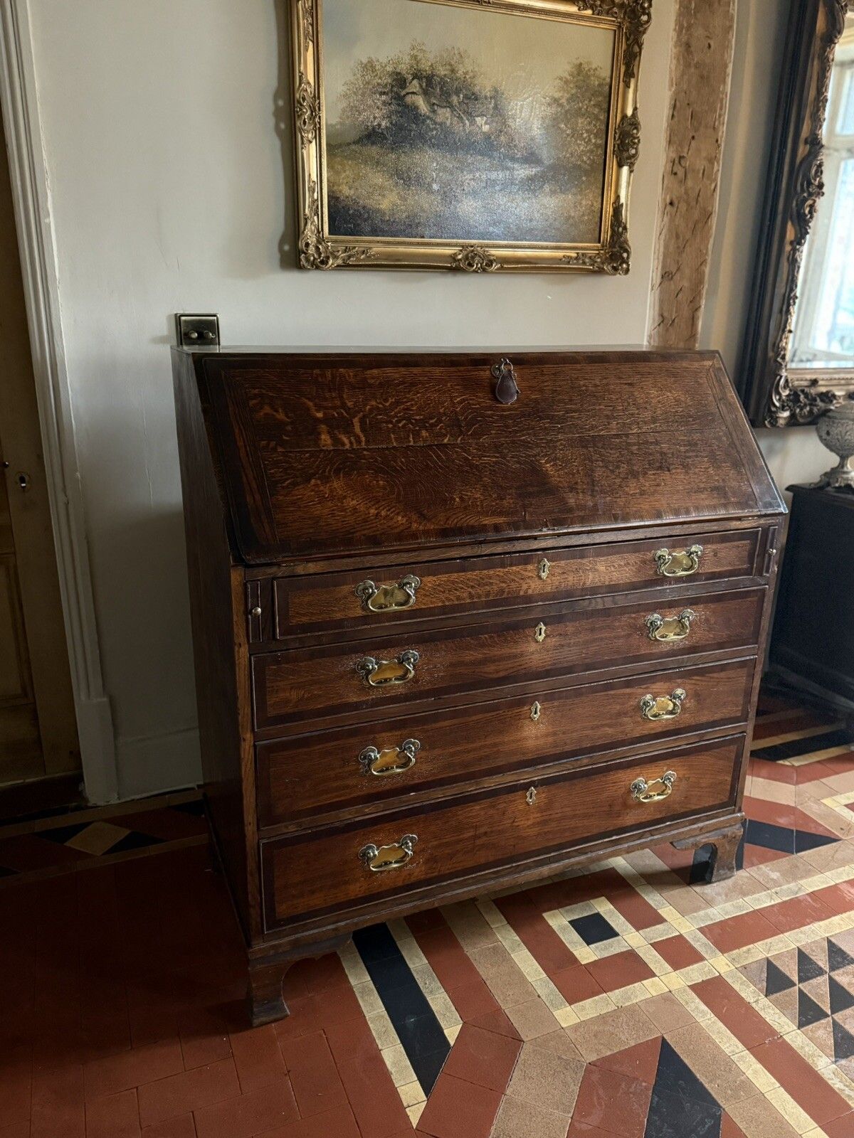 English Georgian Antique  Oak Bureau Writing Desk Chest Of Drawers Desk 1700's photo Furniture