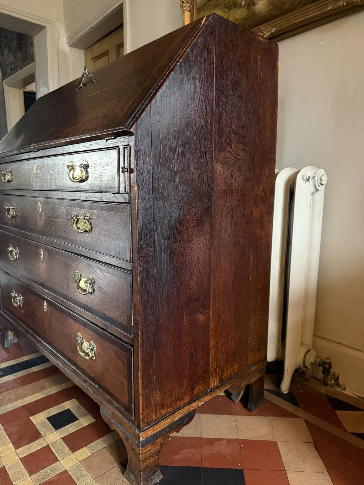 English Georgian Antique  Oak Bureau Writing Desk Chest Of Drawers Desk 1700's photo vintage