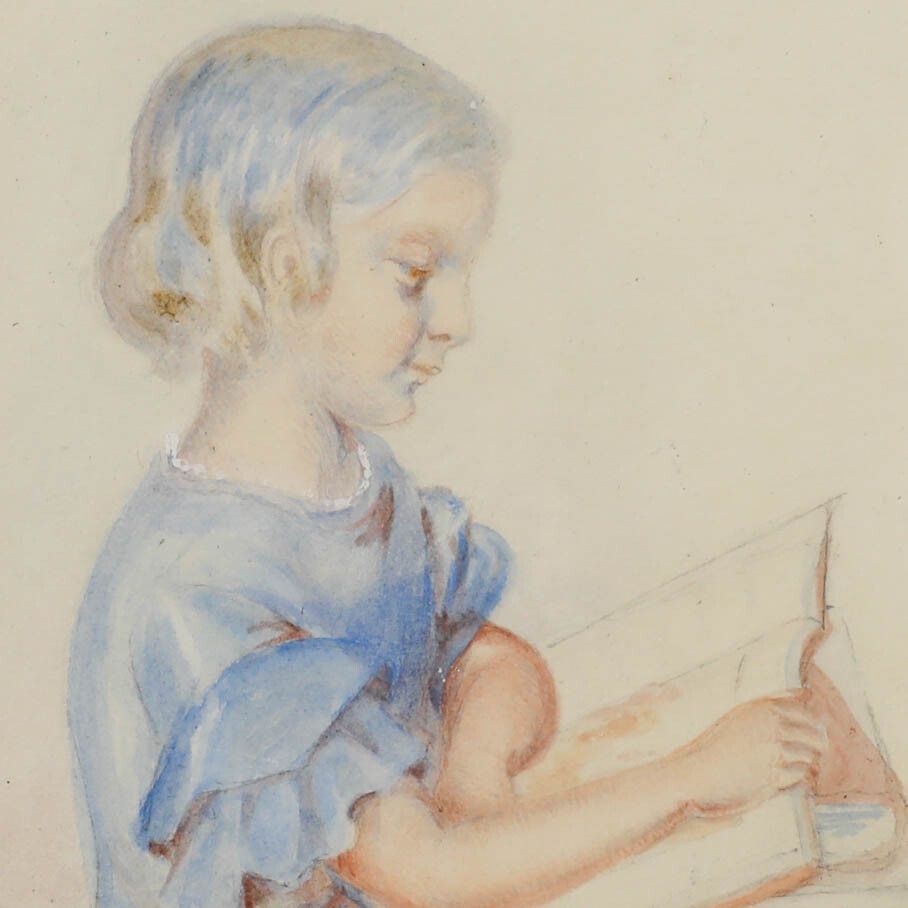 Late 19th Century Watercolour Little Girl Reading photo Art