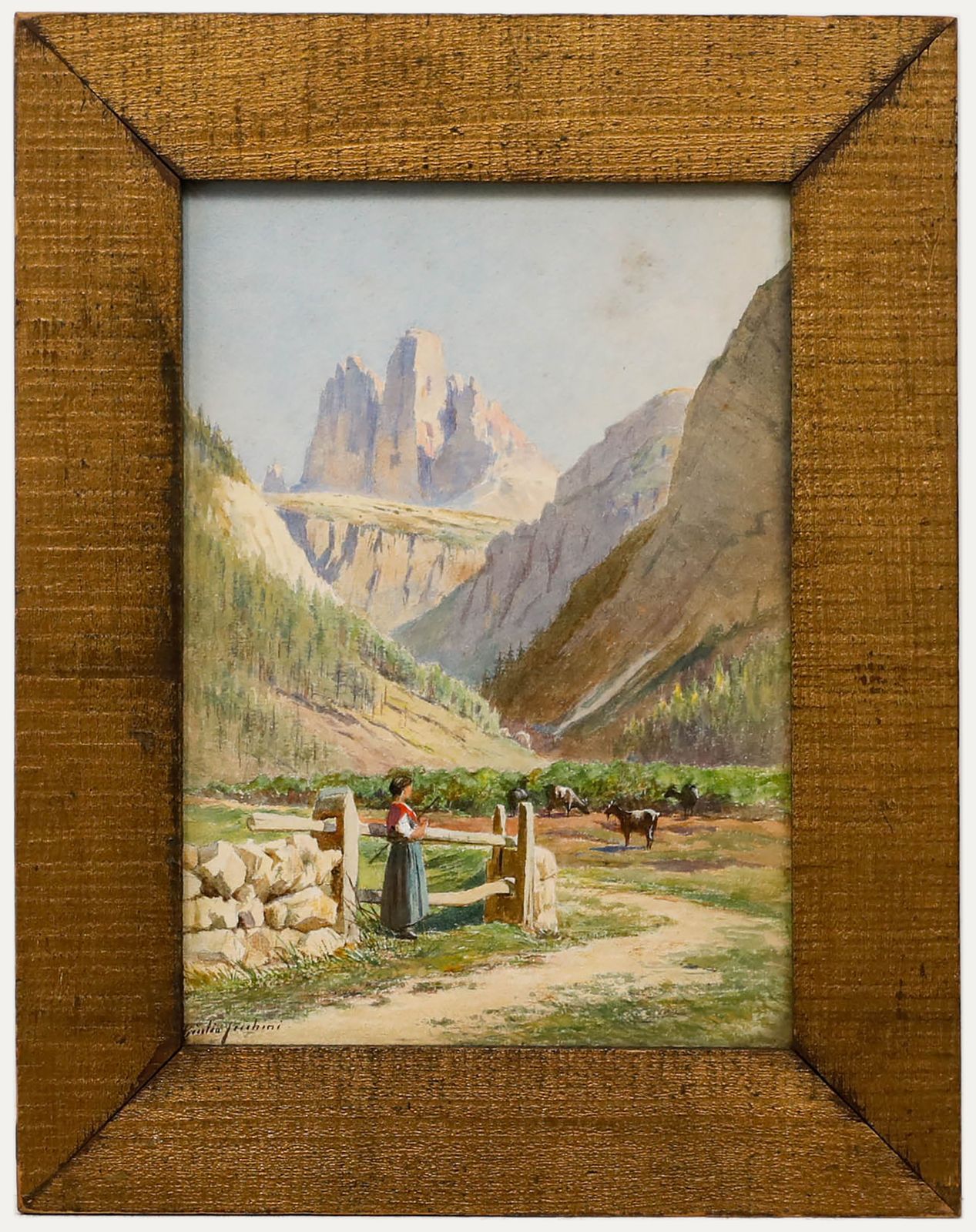 Framed Early 20th Century Watercolour Mountain Goats Busy Grazing