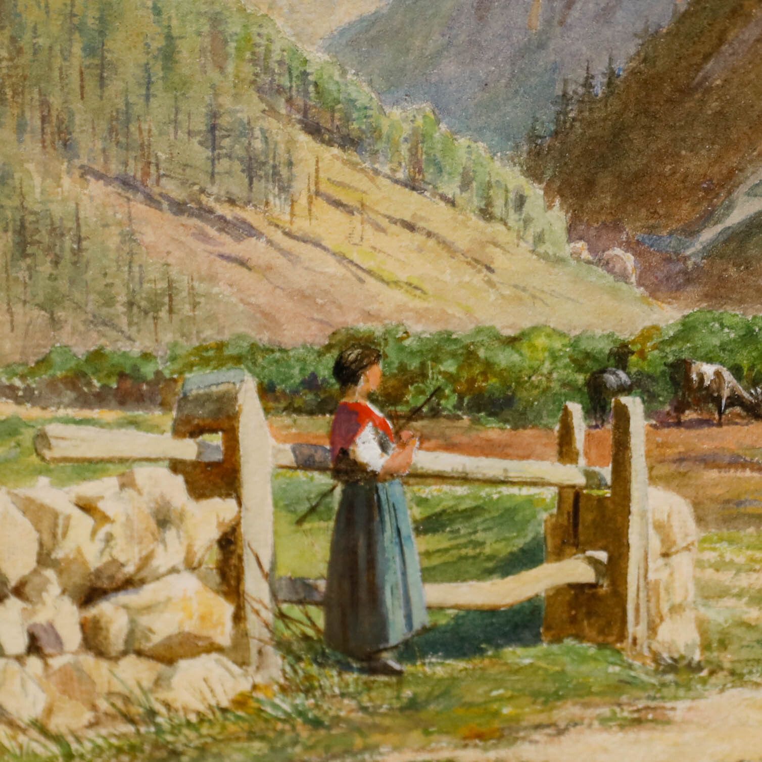 Framed Early 20th Century Watercolour Mountain Goats Busy Grazing photo Art