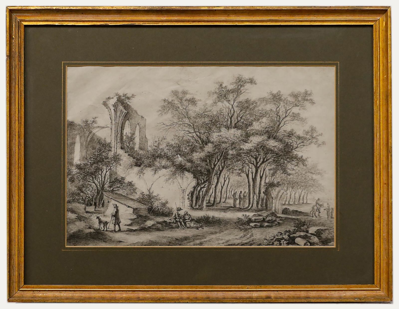 Framed 19th Century Watercolour Wooded Landscape With Abbey Ruins