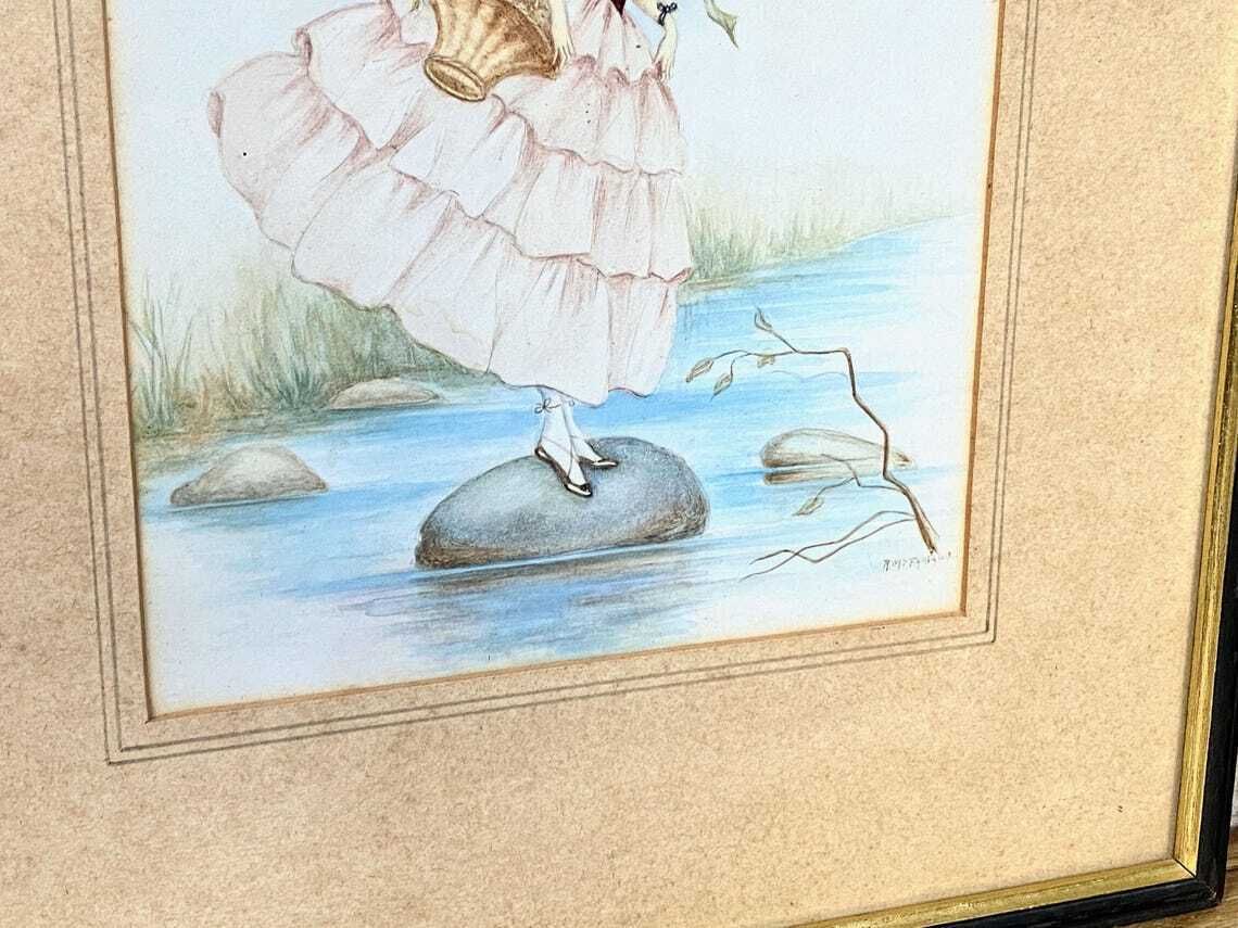 Antique R Mcfarlane Watercolour Painting Lady By A River Signed photo buy