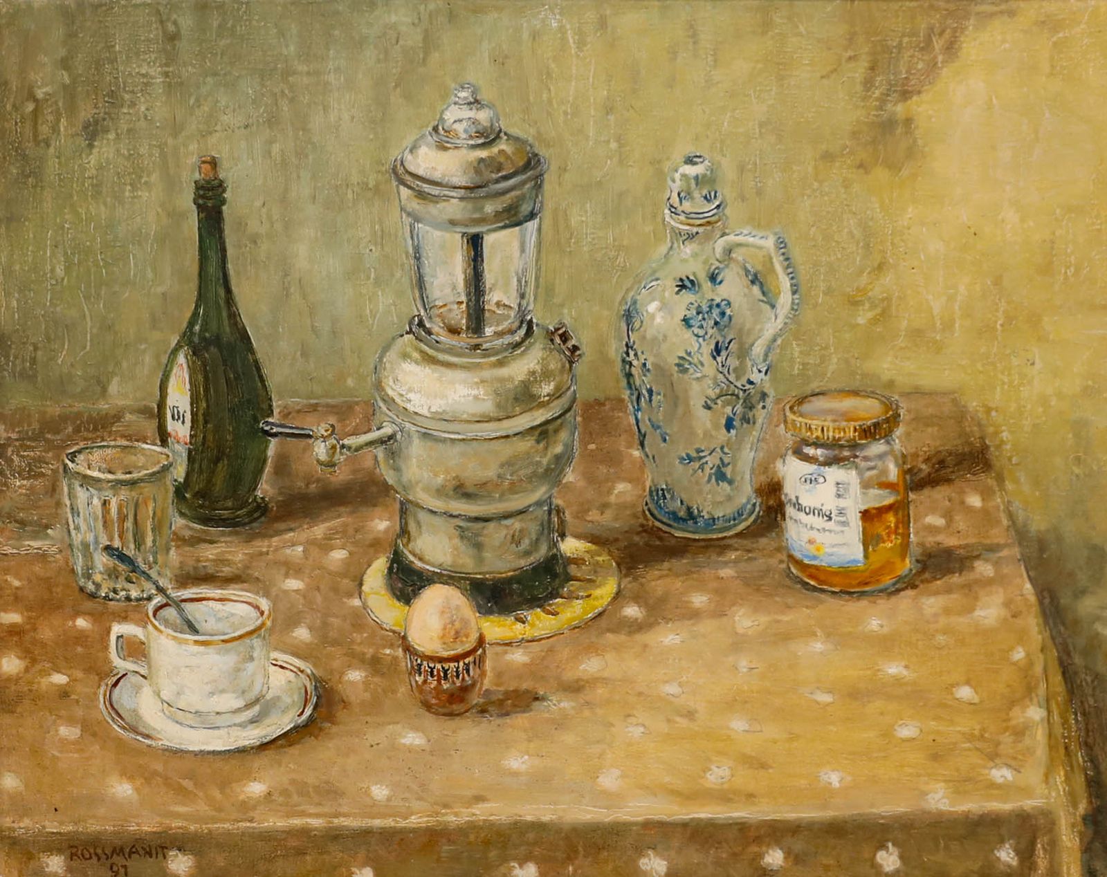 Hanns Rossmanit (1907 2000) Oil, Breakfast Still Life With Samovar & Honey photo furniture