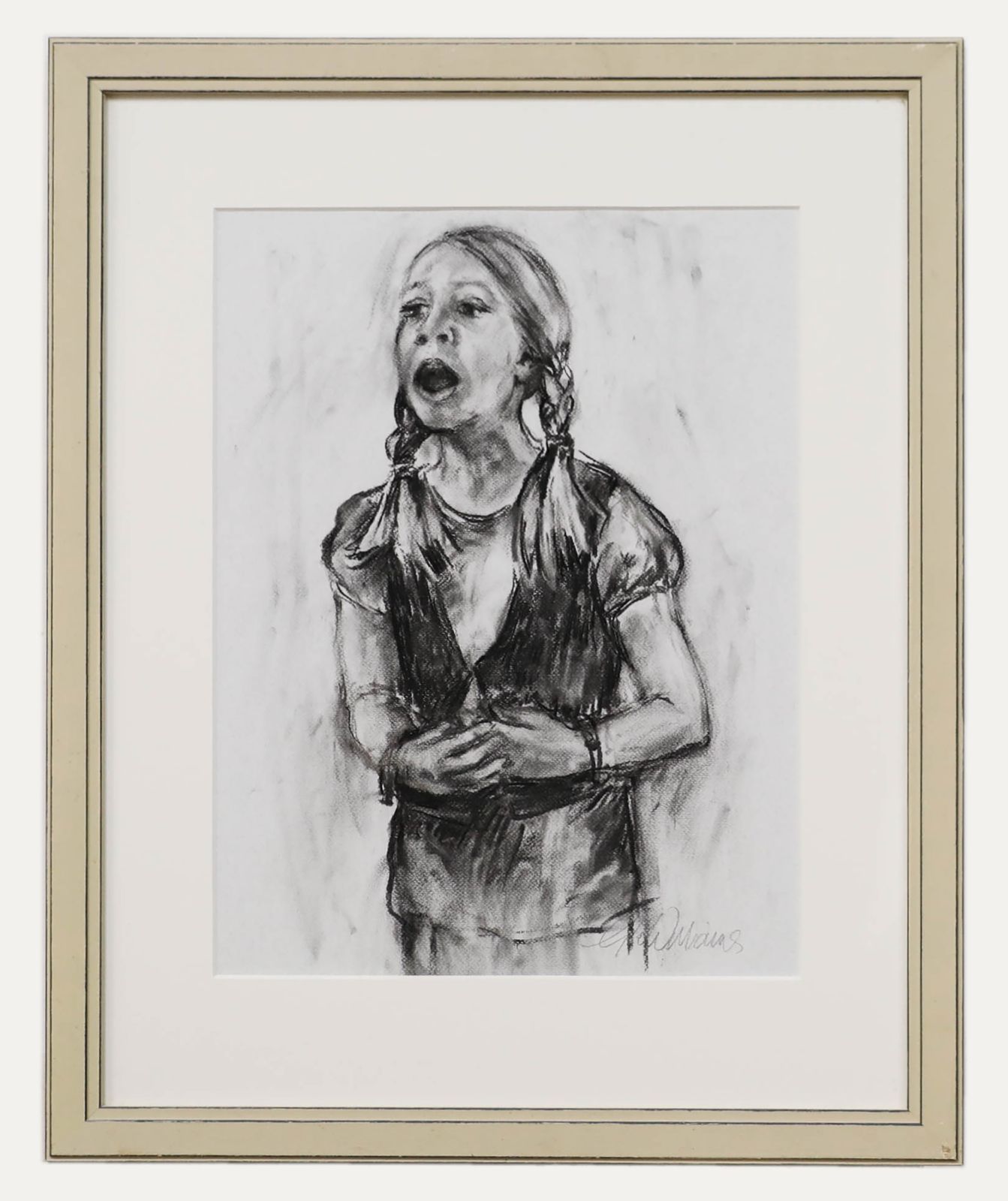 Glo Williams (B.1940) 20th Century Charcoal Drawing, Singing Girl