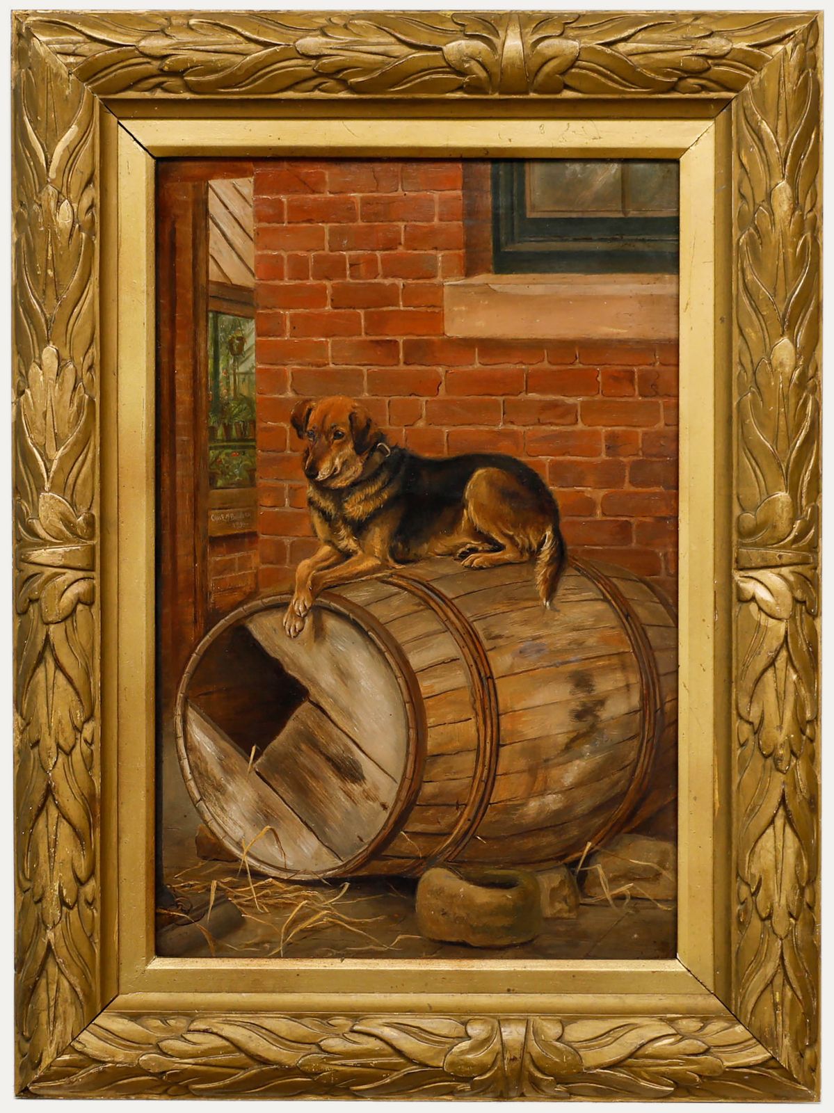 Charles Edwin Baldock (1876 1941)  Framed Oil, Farm Dog Resting On A Barrel