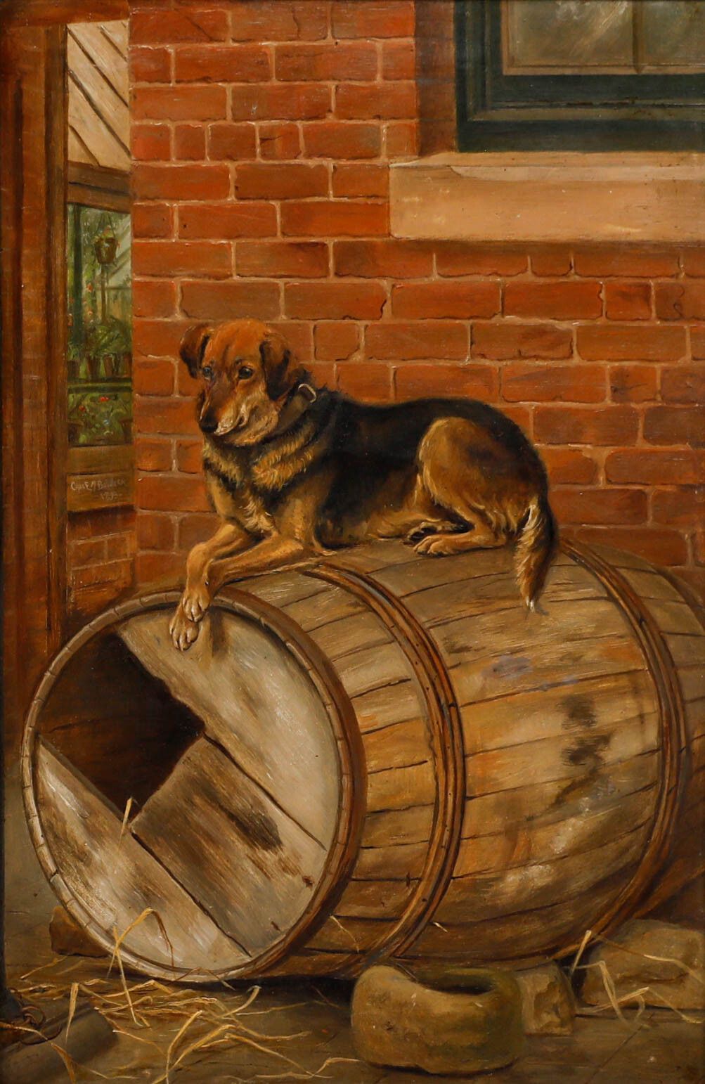 Charles Edwin Baldock (1876 1941)  Framed Oil, Farm Dog Resting On A Barrel photo furniture