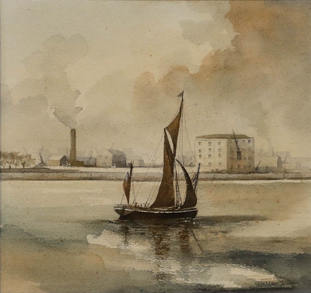 Annette Johnson Framed Mid 20th Century Watercolour, Boat Near Docklands photo furniture