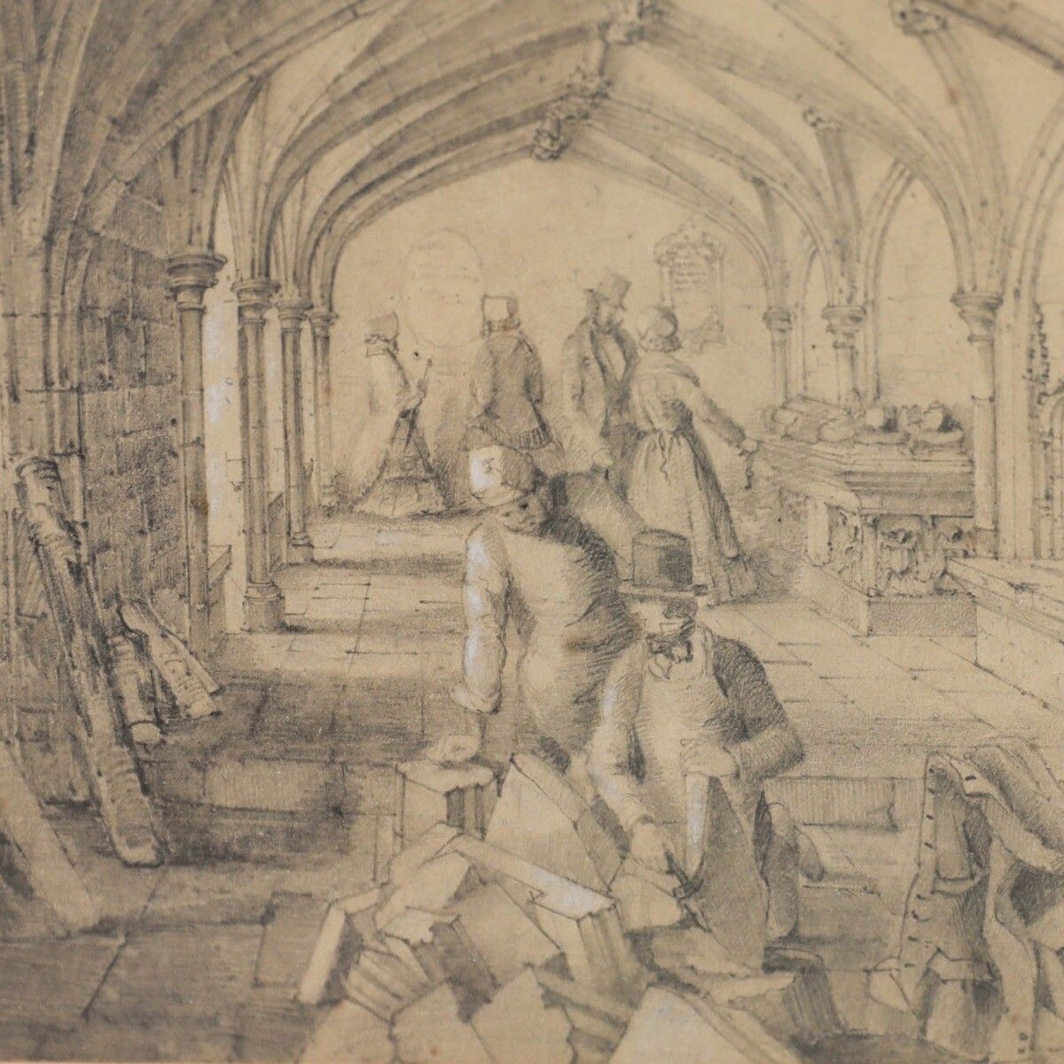 Joseph Henry Hirst (1863–1945) Graphite Drawing, St. John's Crypt Bristol photo vinterior