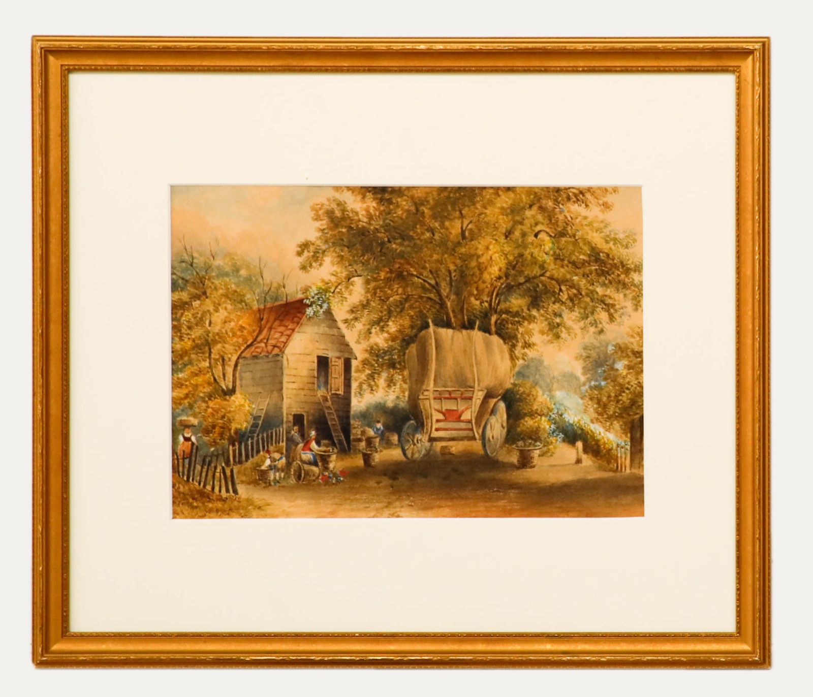 French School 19th Century Watercolour Flower Harvesters At The Farmstead