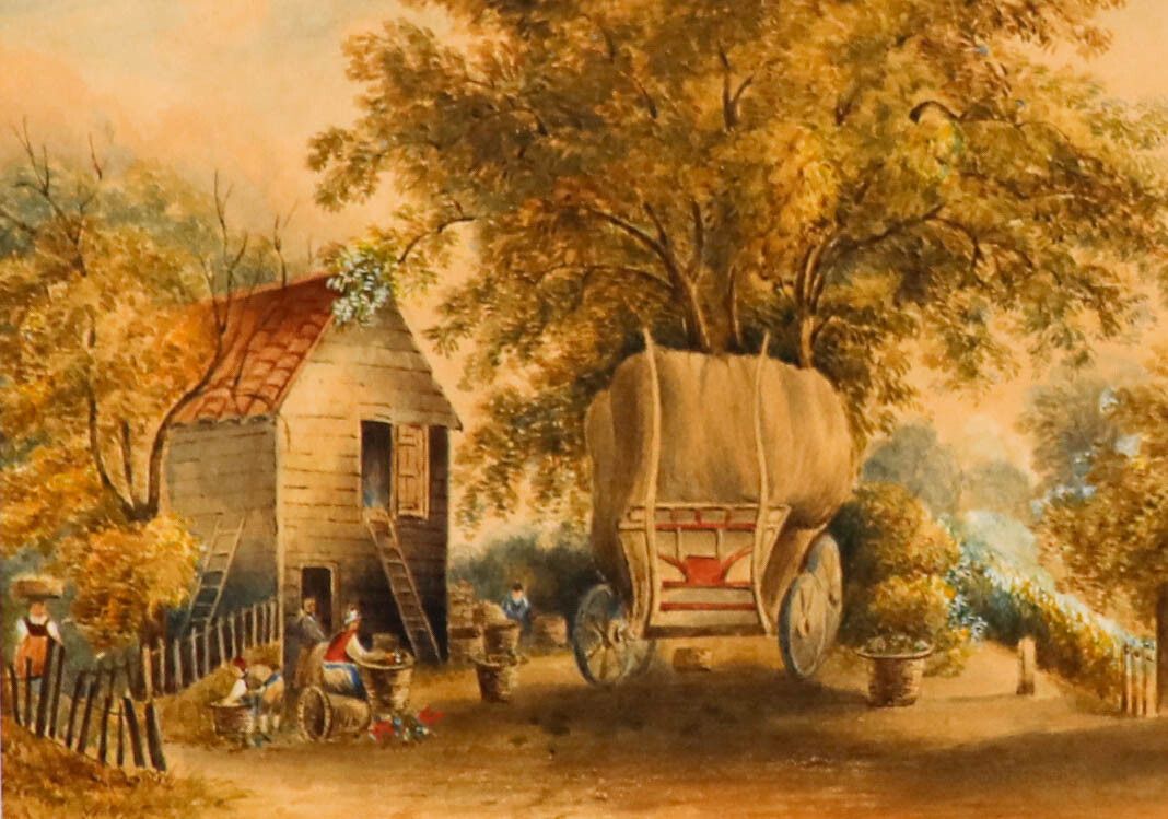 French School 19th Century Watercolour Flower Harvesters At The Farmstead photo furniture
