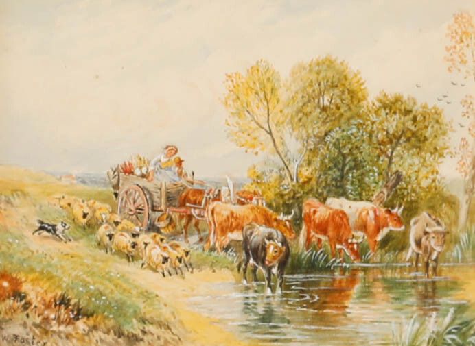 W. Foster Late 19th Century Watercolour, Farming Couple  & Their Livestock photo furniture