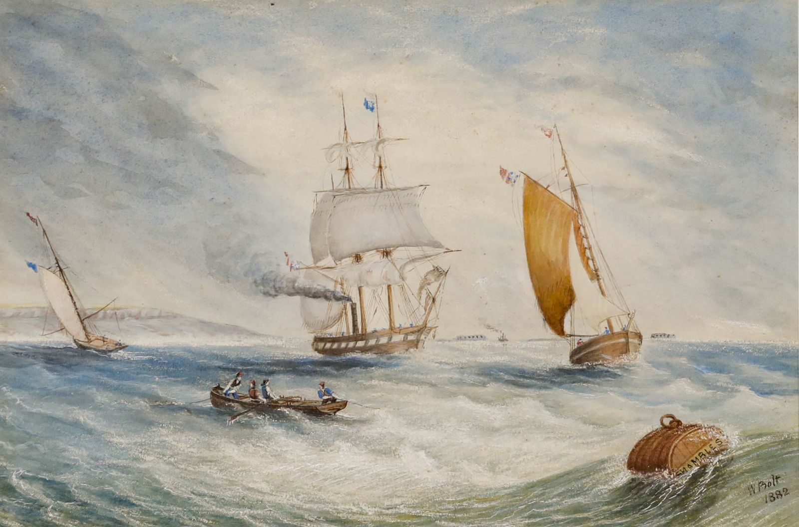 W. Bolt Framed Late 19th Century Watercolour, Ships Off A Choppy Coastline photo furniture