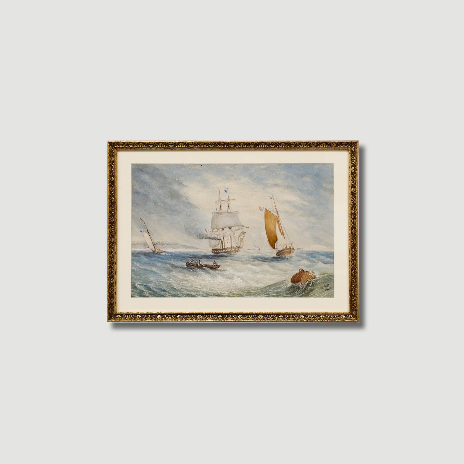 W. Bolt Framed Late 19th Century Watercolour, Ships Off A Choppy Coastline photo vintage