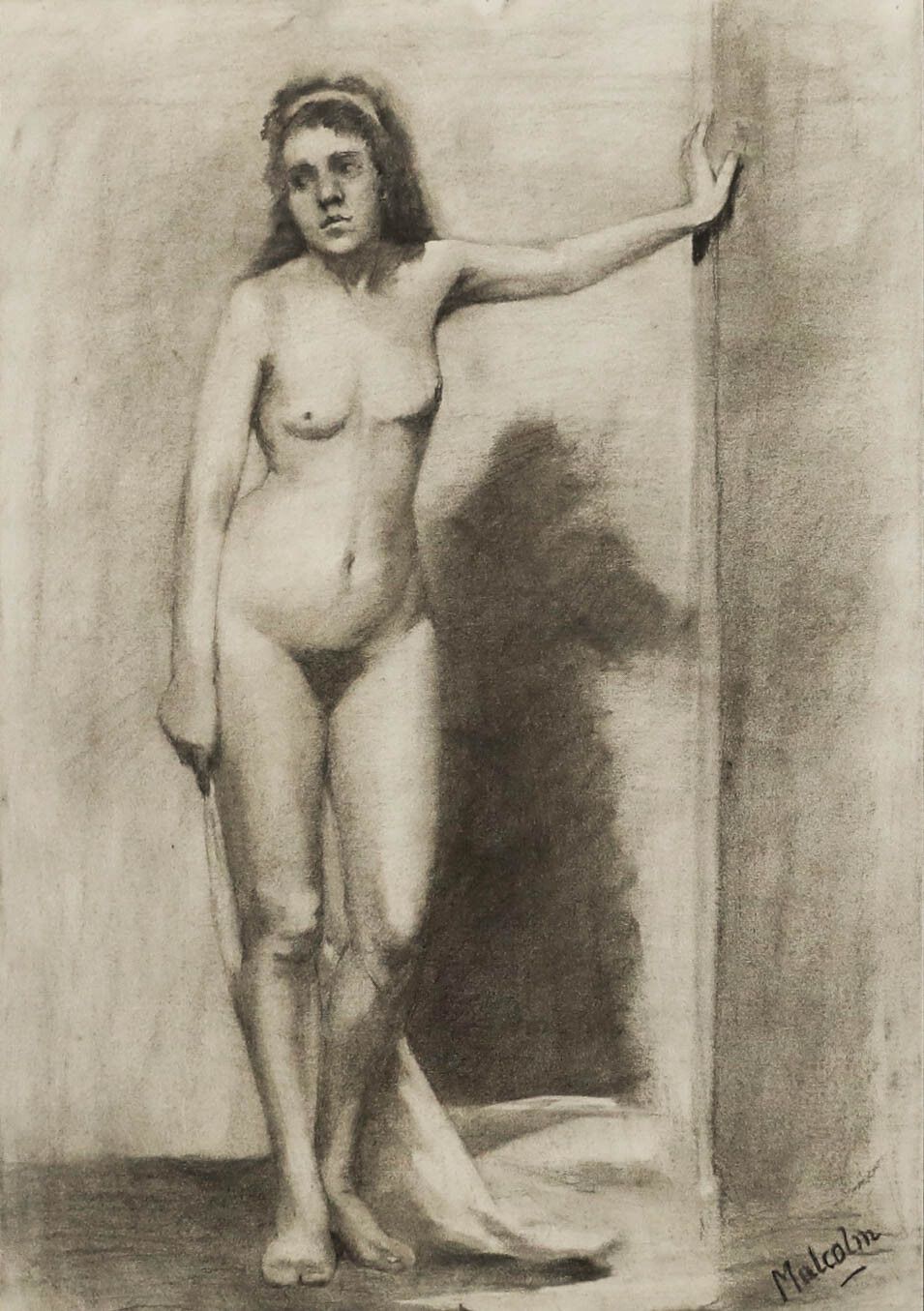 Malcolm Framed 20th Century Charcoal Drawing, Standing Nude photo furniture