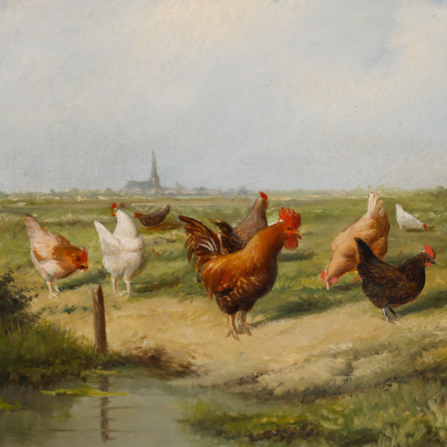 Hilaire Bals (B.1940) Belgium School Oil, Cockerel & Hens In A Landscape photo Art