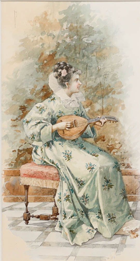 Manner Of Aurelio Roberti (1842 1915) Watercolour, Woman With A Lute photo furniture