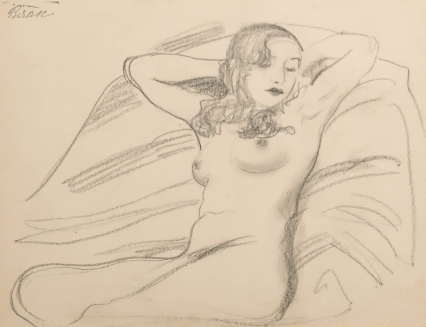Beson  20th Century Graphite Drawing, Reclining Nude photo furniture