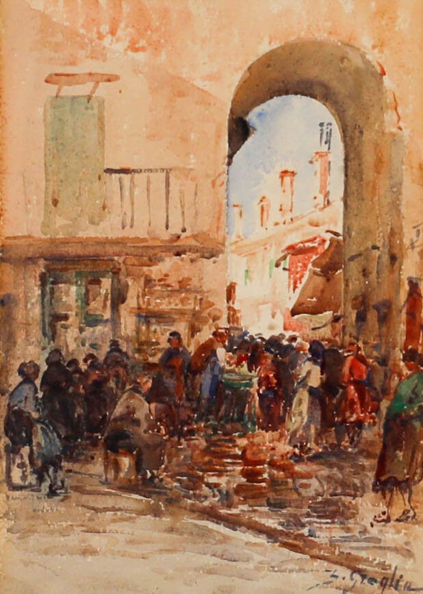 Early 20th Century Watercolour The Market photo furniture