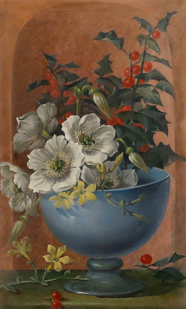 Framed Early 20th Century Oil White Flowers With Holy photo furniture