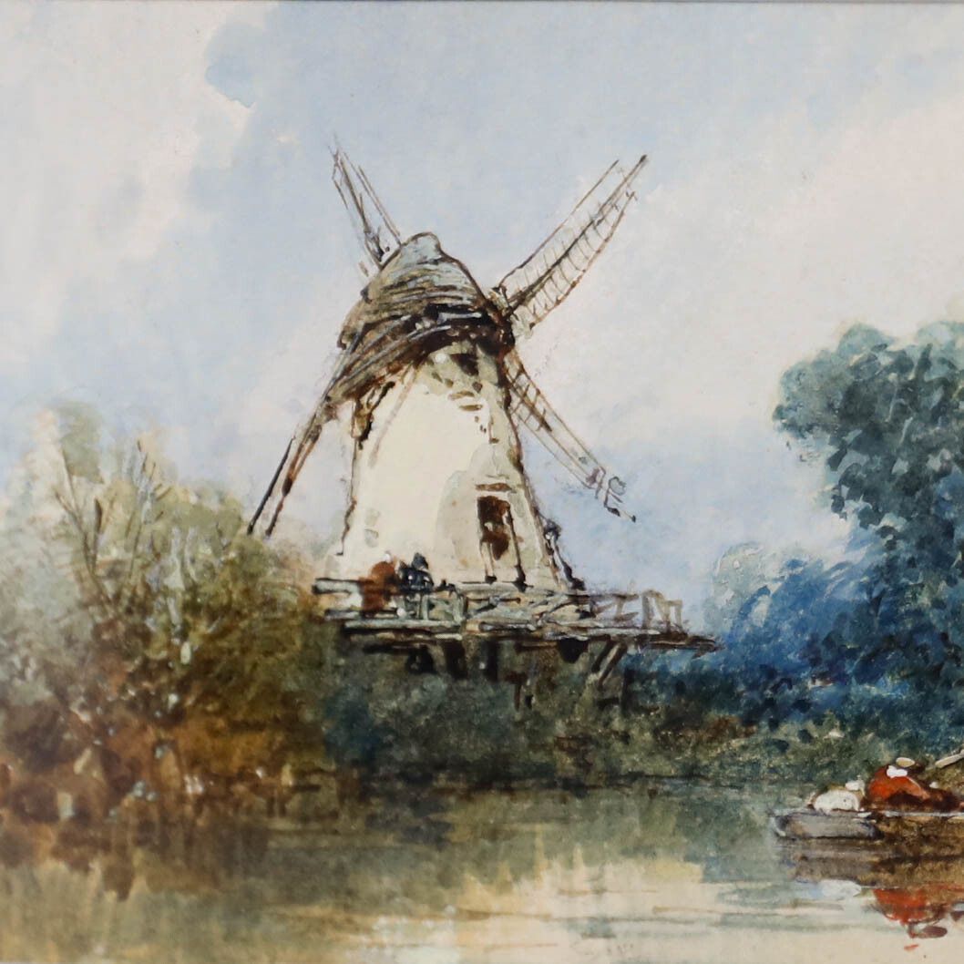 Paul Marny (1829 1914) Framed Watercolour, A Lakeside Windmill photo Art
