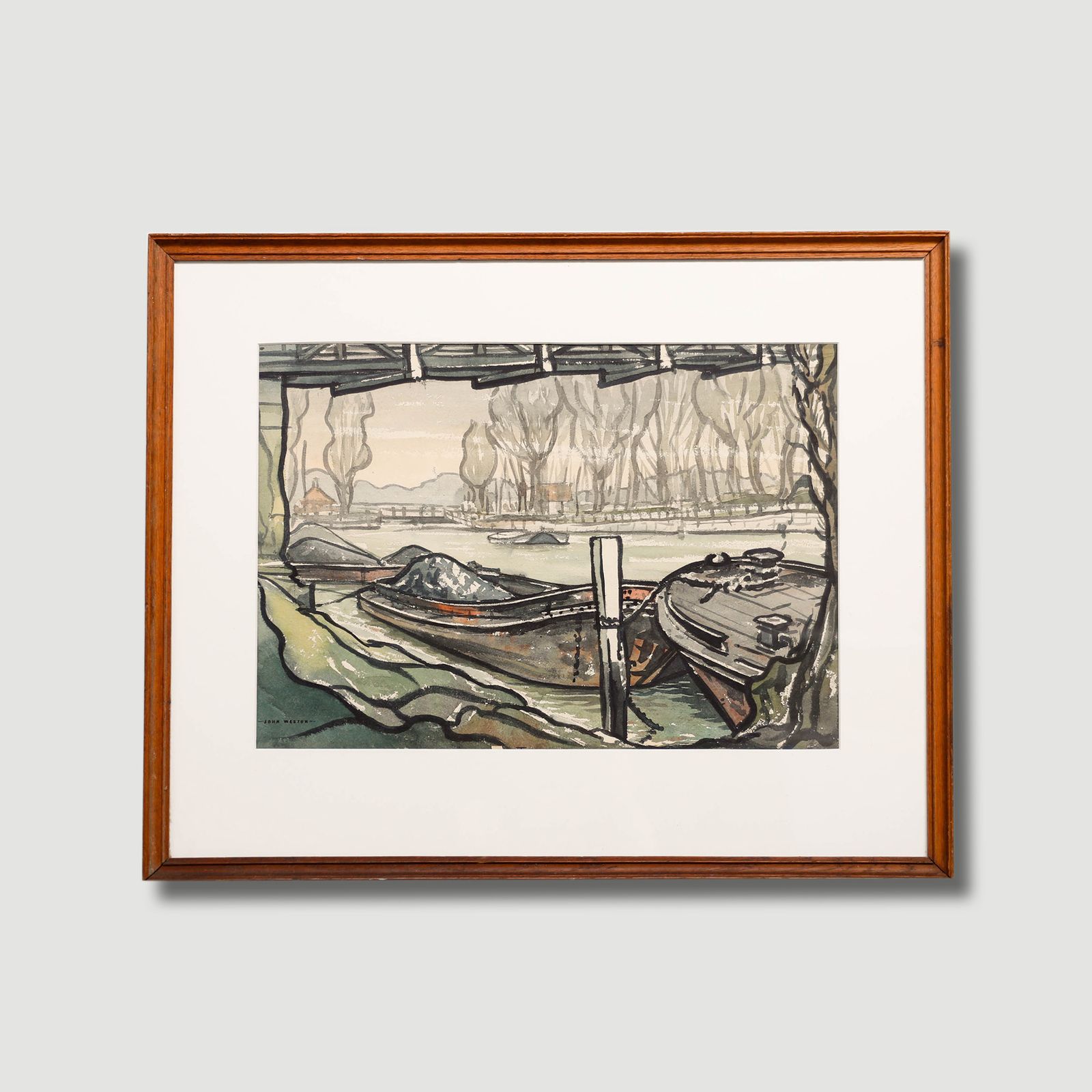 John Weston Framed Mid 20th Century Watercolour, Barges At Teddington Lock photo buy