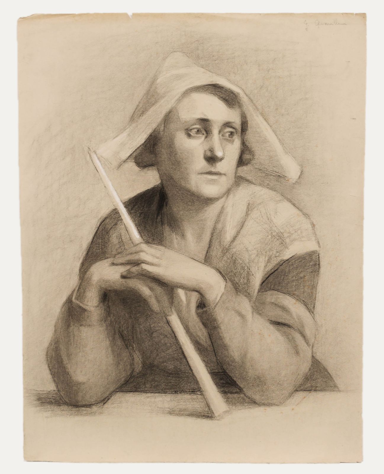 G. Querville 1938 Graphite Drawing, Dutch Woman In Thought photo furniture