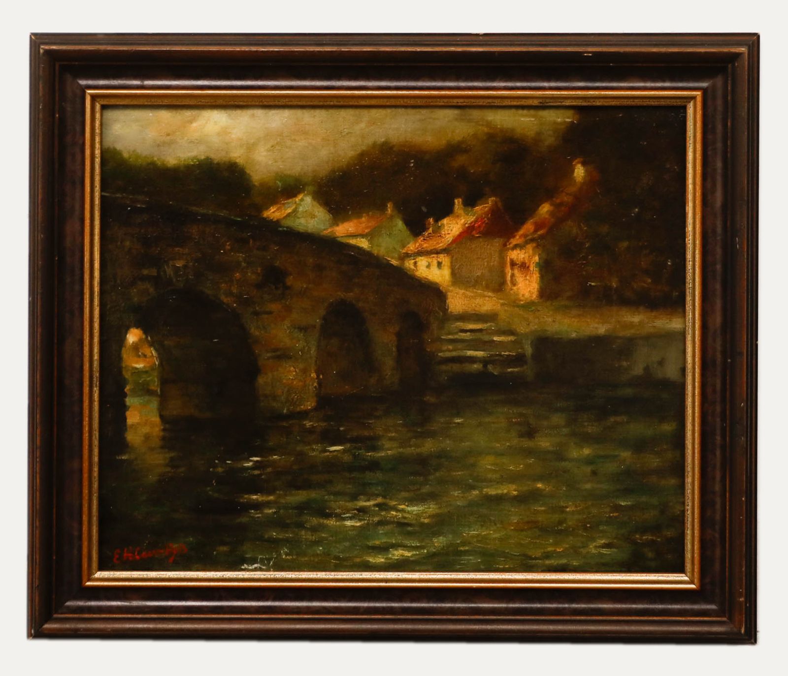 Framed 20th Century Oil Cottages By The Bridge
