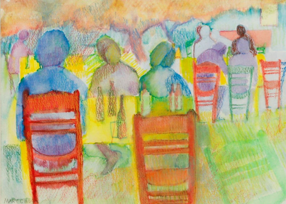 Mary Chugg (1935 2024) Framed Contemporary Watercolour, A Cretan Taverna II photo furniture