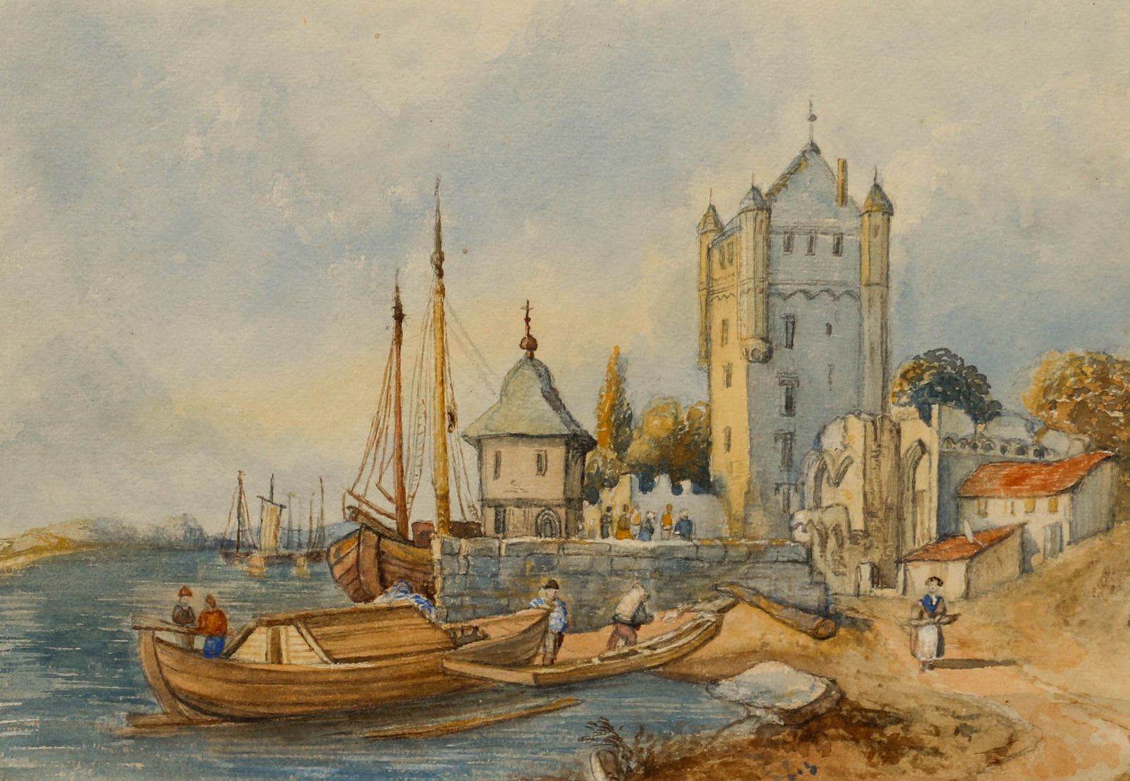 19th Century Watercolour Continental Coastal Town