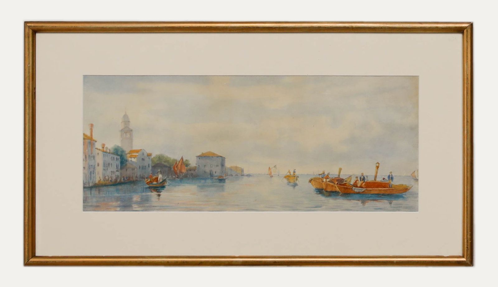 Framed Late 19th Century Watercolour Italian Coastal Scene With Bell Tower