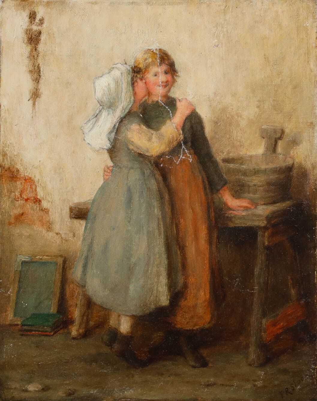 Francis R. Stock (Fl.1875 1884) Late 19th Century Oil, A Kiss For Sister photo furniture