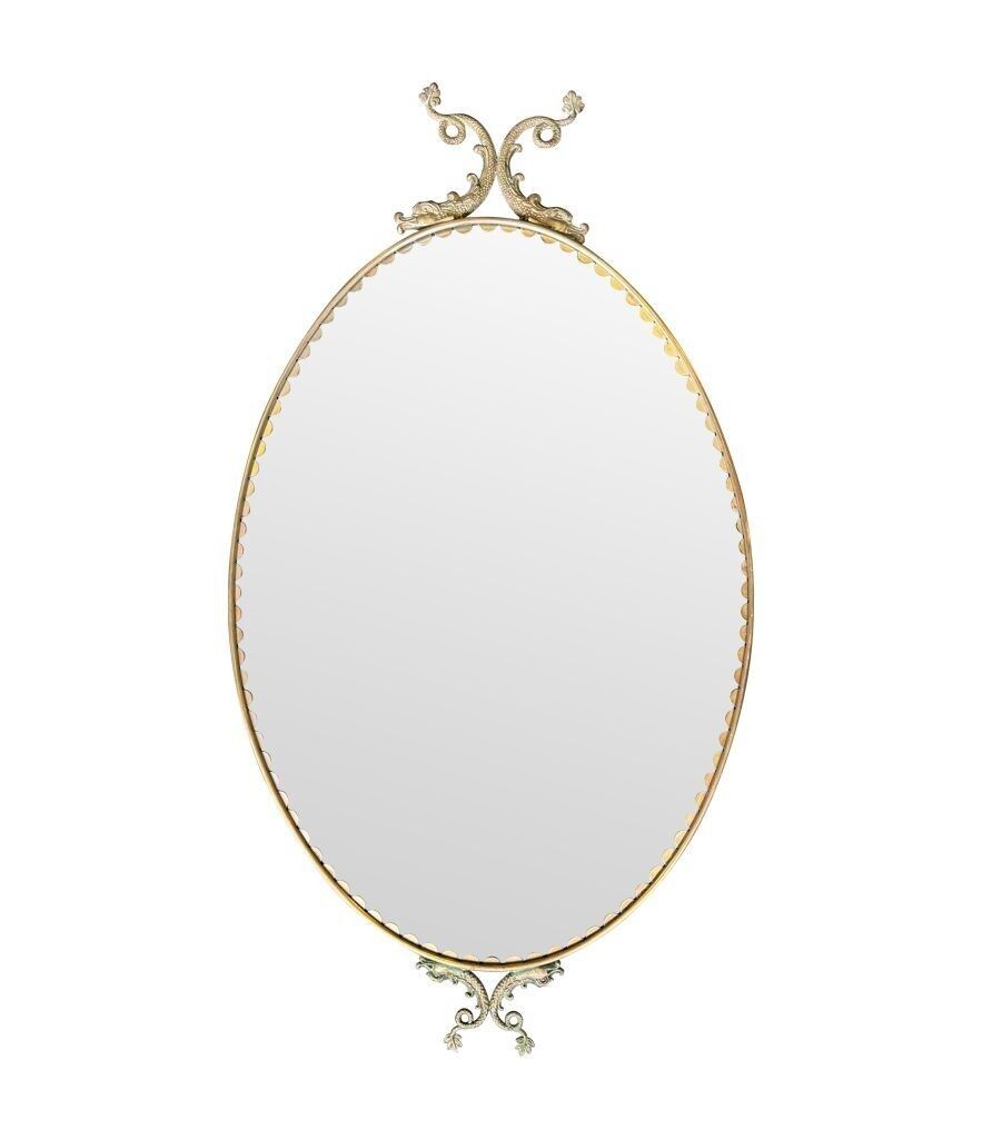 A Pair Of Italian 1940s Oval Mirrors With Dolphin Detailing Around The Brass Frame photo vinterior