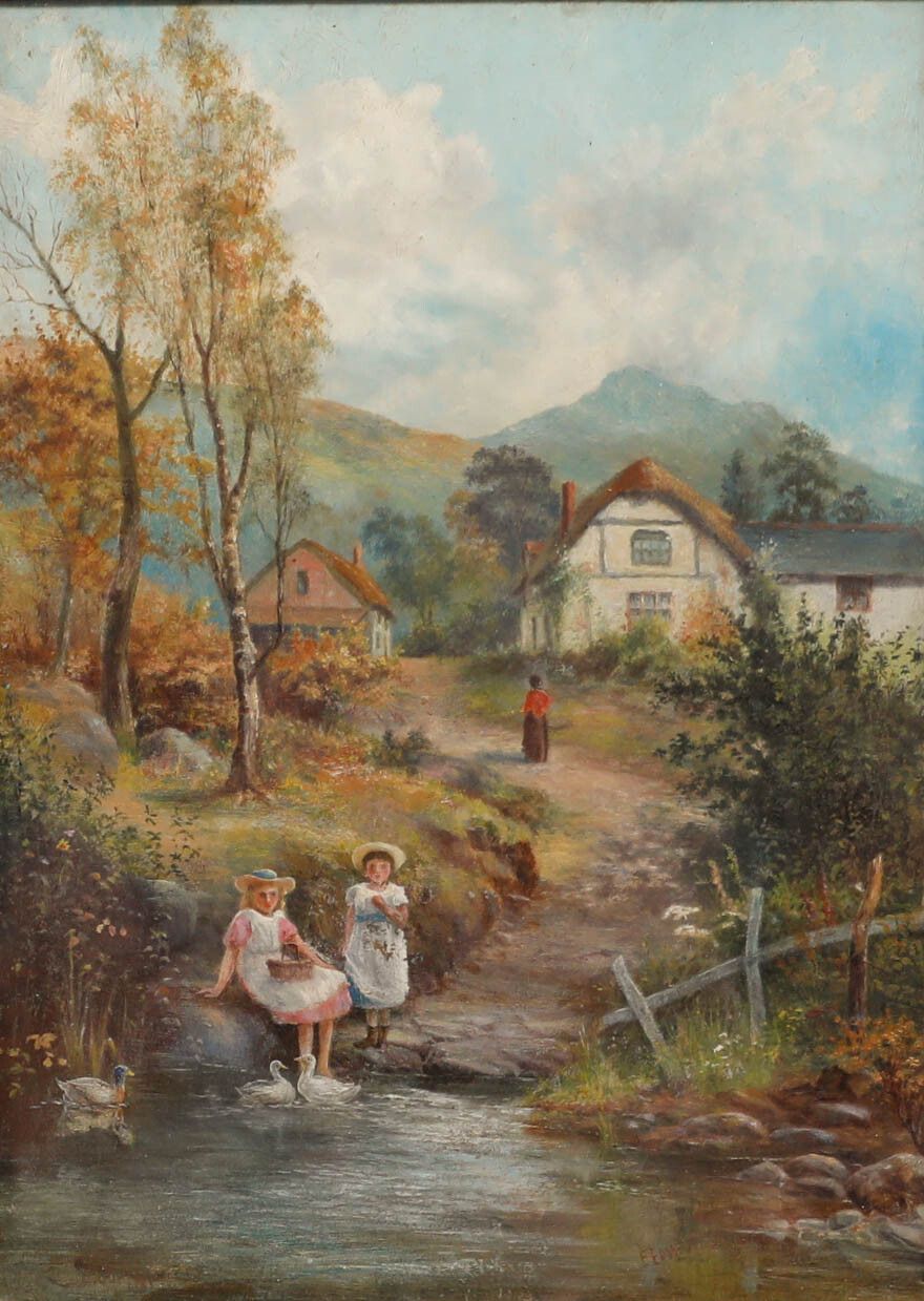 E. Edwards Early 20th Century Oil, Feeding The Ducks photo furniture