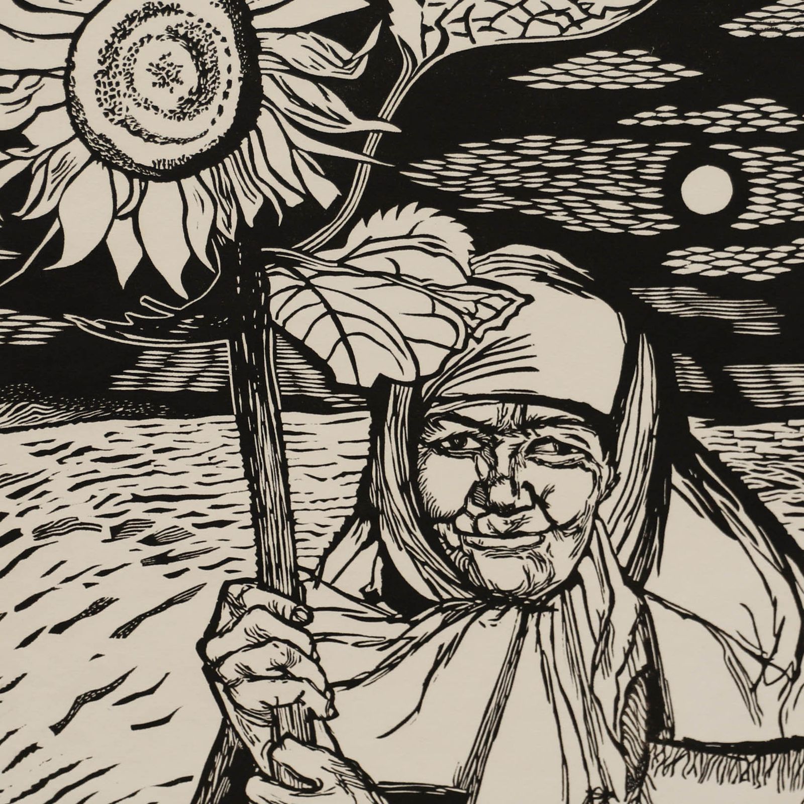 David Bethel (1923 2006) Mid 20th Century Linoprint, Peasant And Sunflower photo Art