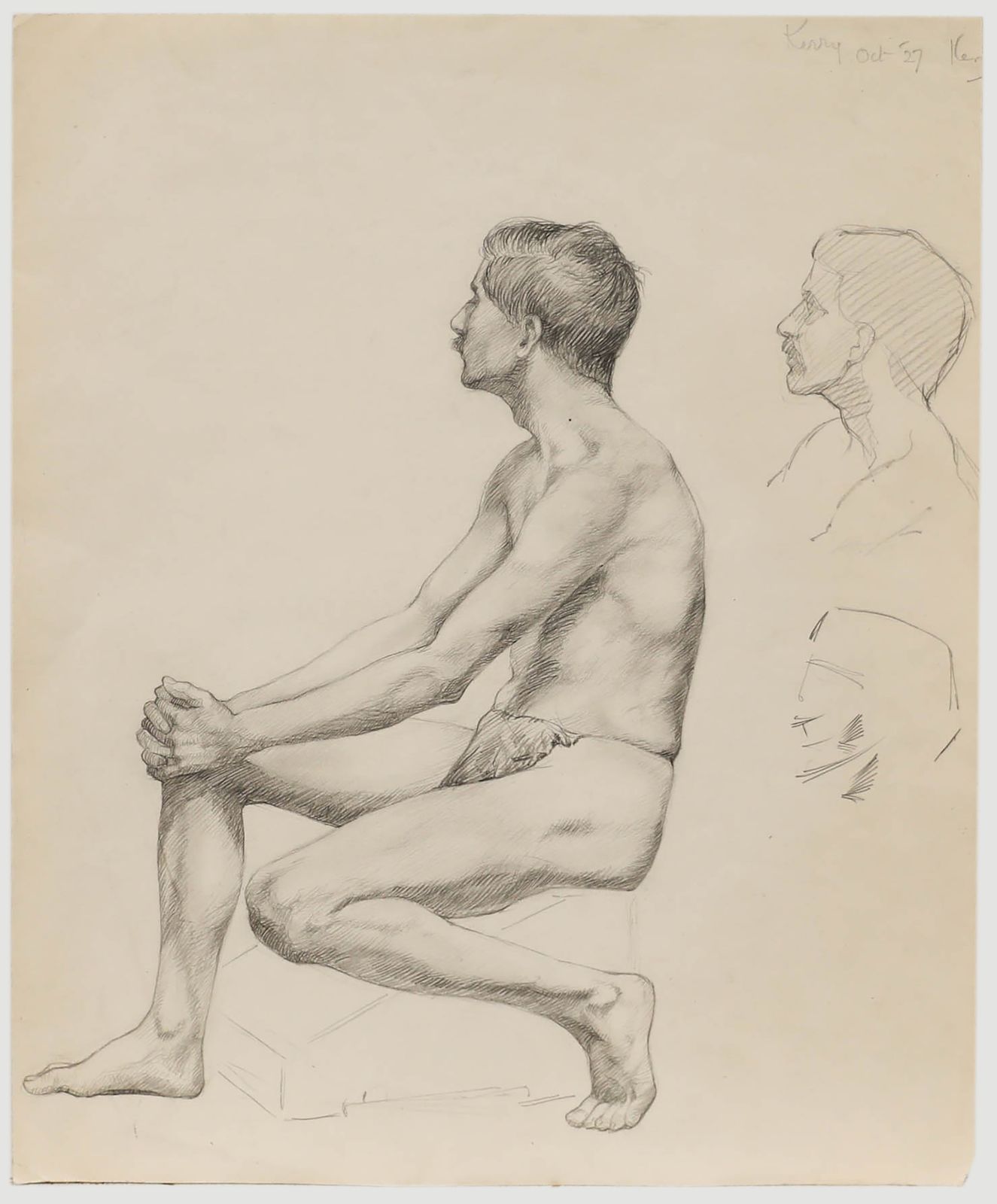 William Kerry 1927 Graphite Drawing, Seated Male Nude II photo furniture