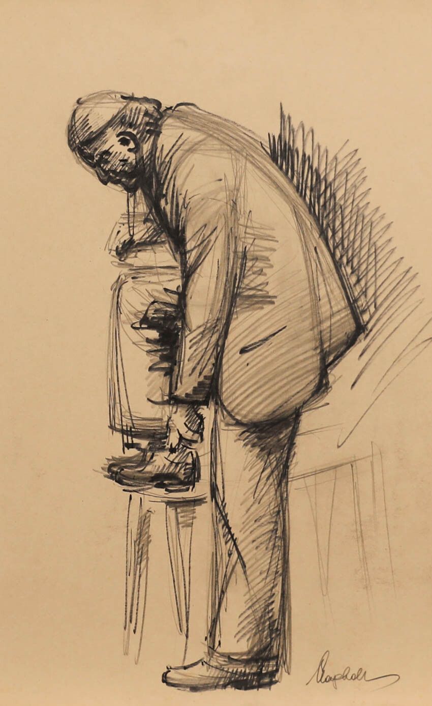 E.P. Clapholt Mid 20th Century Charcoal Drawing, The Shoelace