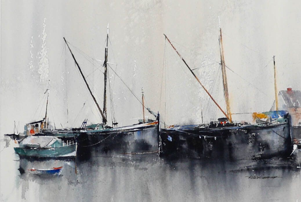 Rob Williams Framed Contemporary Watercolour, Sailing Boats In A Harbour photo furniture