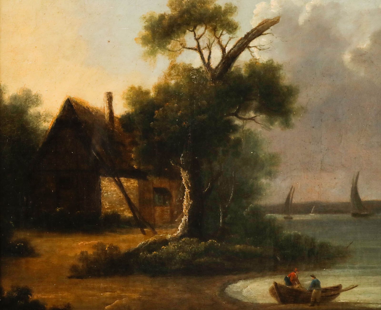 For Restoration English School 19th Century Oil, Cottage Of The Waterfront photo furniture
