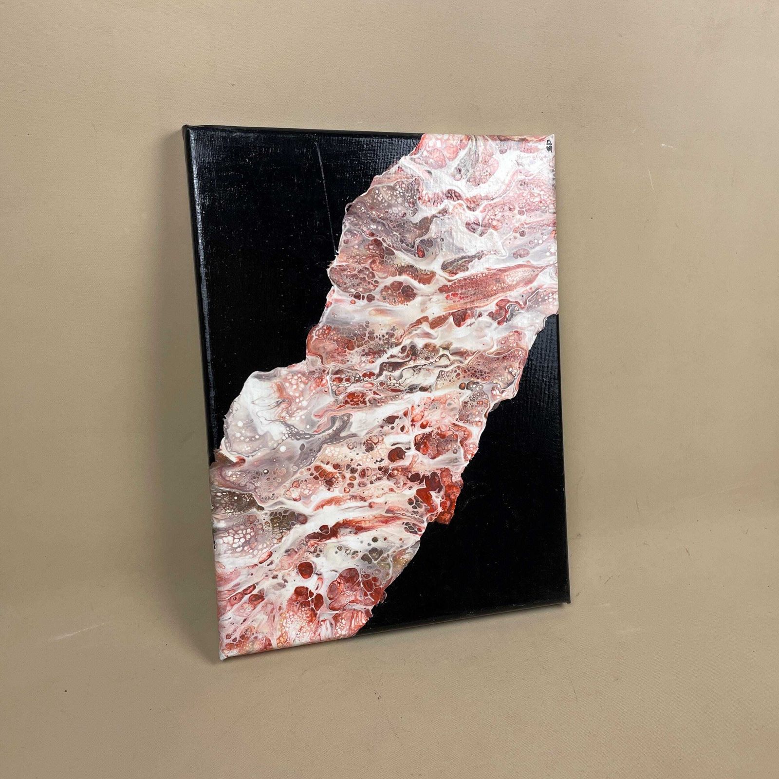 Vintage Marbled Painting Picture Original Artwork On Canvas Marble Pattern Wood Frame Painted Art Rectangle 31x22.7cm Wall Hanging Marbling photo for sale
