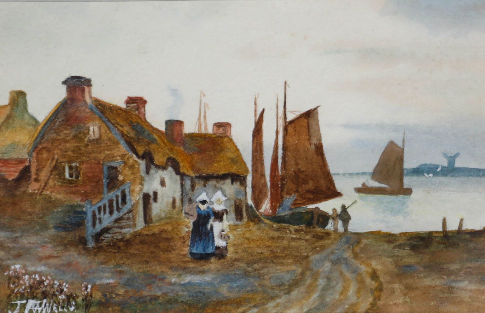 J. A. Wells 19th Century Watercolour, Coastal Town photo furniture