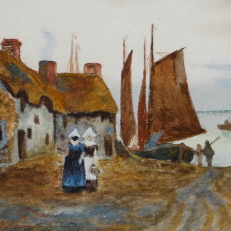 J. A. Wells 19th Century Watercolour, Coastal Town photo Art